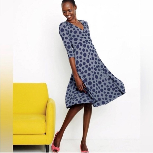 BODEN Roseberry Dress Polka Dot Faux Wrap Stretch Jersey Blue Dots 12 Women - Picture 1 of 10